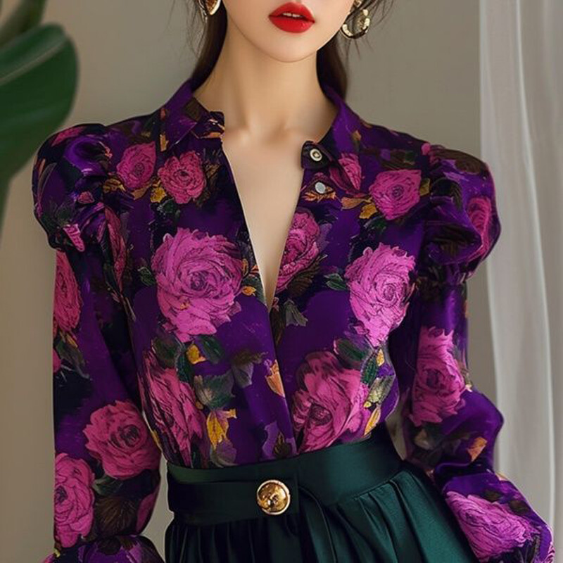 Ženska jesenska vintage cvjetna luksuzna košulja na kopčanje, uredska dama s reverom, elegantna šik bluza, modne široke majice dugih rukava