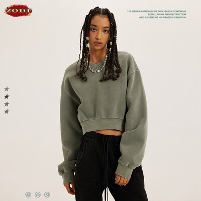 ZODF 2023, iarnă, pentru femei, hanorace scurte din fleece, decupate, fete, pentru femei, hip hop, largi, 380 g/m², pulovere cu gât în V, topuri de marcă HY0437