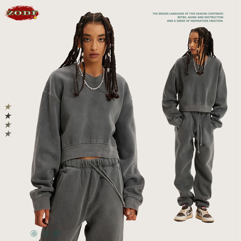 ZODF 2023 Zimske ženske kratke kratke majice od flisa Ženske hip-hop široke majice s V-izrezom od 380 g/m2 Brand Top HY0437