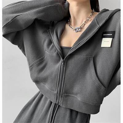 Deeptown Harajuku hanorace pentru femei, moda coreeană, îmbrăcăminte sport, hanorace cu fermoar pentru femei, îmbrăcăminte de stradă vintage, top cropped casual de bază
