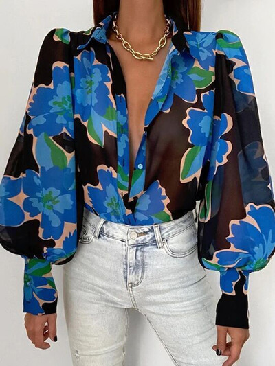 Ženska elegantna bluza s puf dugim rukavima s cvjetnim printom i V izrezom Proljeće ljeto Uredska luksuzna košulja s dugmadima Vintage prevelike tunike