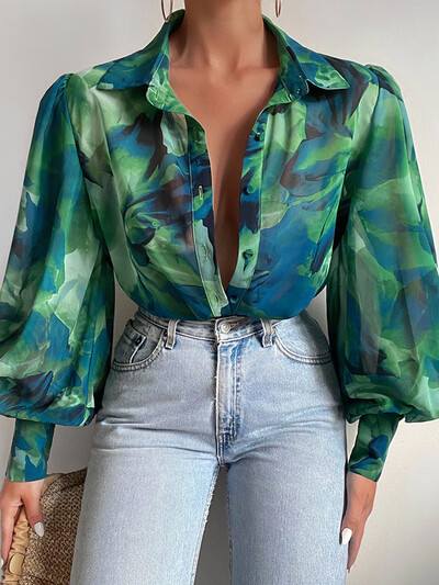 Ženska elegantna bluza s puf dugim rukavima s cvjetnim printom i V izrezom Proljeće ljeto Uredska luksuzna košulja s dugmadima Vintage prevelike tunike