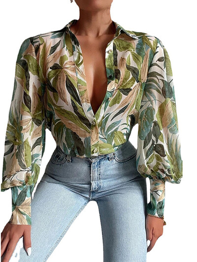 Ženska elegantna bluza s puf dugim rukavima s cvjetnim printom i V izrezom Proljeće ljeto Uredska luksuzna košulja s dugmadima Vintage prevelike tunike