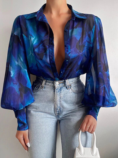 Ženska elegantna bluza s puf dugim rukavima s cvjetnim printom i V izrezom Proljeće ljeto Uredska luksuzna košulja s dugmadima Vintage prevelike tunike