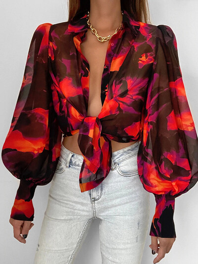 Ženska elegantna bluza s puf dugim rukavima s cvjetnim printom i V izrezom Proljeće ljeto Uredska luksuzna košulja s dugmadima Vintage prevelike tunike