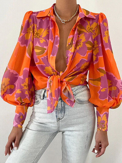 Ženska elegantna bluza s puf dugim rukavima s cvjetnim printom i V izrezom Proljeće ljeto Uredska luksuzna košulja s dugmadima Vintage prevelike tunike