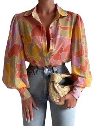 Ženska elegantna bluza s puf dugim rukavima s cvjetnim printom i V izrezom Proljeće ljeto Uredska luksuzna košulja s dugmadima Vintage prevelike tunike