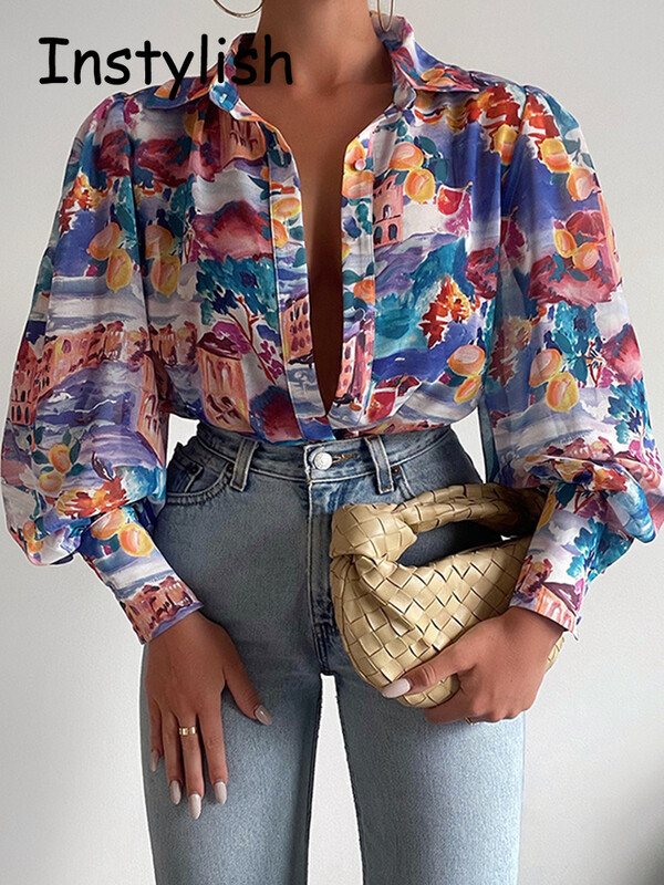 Ženska elegantna bluza s puf dugim rukavima s cvjetnim printom i V izrezom Proljeće ljeto Uredska luksuzna košulja s dugmadima Vintage prevelike tunike