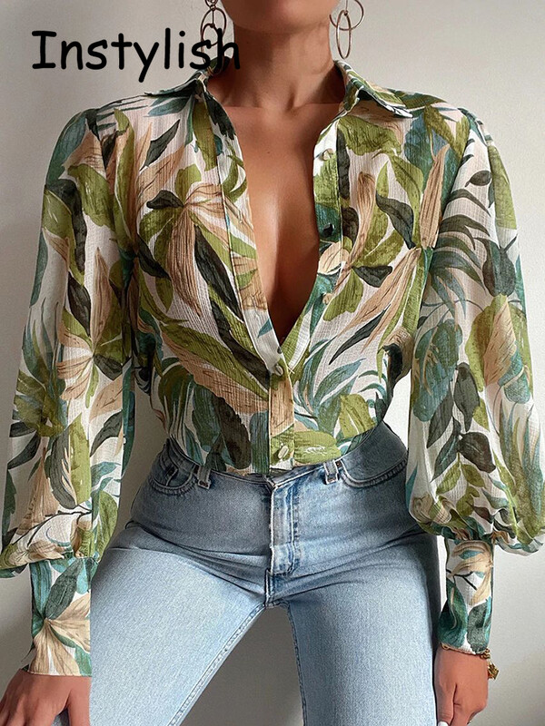 Ženska elegantna bluza s puf dugim rukavima s cvjetnim printom i V izrezom Proljeće ljeto Uredska luksuzna košulja s dugmadima Vintage prevelike tunike