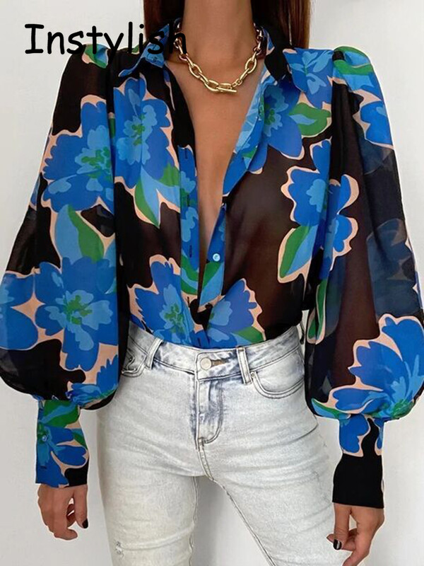 Ženska elegantna bluza s puf dugim rukavima s cvjetnim printom i V izrezom Proljeće ljeto Uredska luksuzna košulja s dugmadima Vintage prevelike tunike