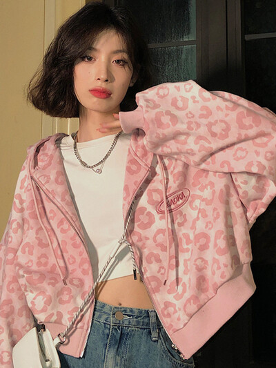 Deeptown Preppy Style Roz Hanorace cu imprimeu leopard Y2K Harajuku Hanorace supradimensionate Femei Vintage Fermoar Cropped Top Jachetă drăguță