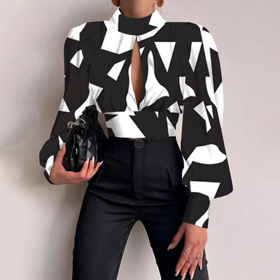 Proljetne ženske seksi majice s šupljim printom bez leđa 2024 Ležerne stojeće dugih rukava Bluze za uredske dame Modni šišani top za zabave