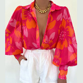 Φθινοπωρινό μπλουζάκι Γυναικεία casual φαρδιά μπλουζάκια με μονόστομο εμπριμέ Γυναικεία Vintage μακρυμάνικο πουκάμισο ζακέτα με γυριστό γιακά