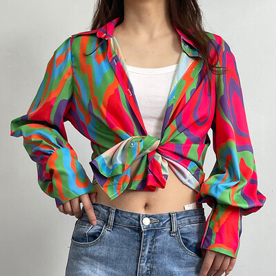 Φθινοπωρινό μπλουζάκι Γυναικεία casual φαρδιά μπλουζάκια με μονόστομο εμπριμέ Γυναικεία Vintage μακρυμάνικο πουκάμισο ζακέτα με γυριστό γιακά