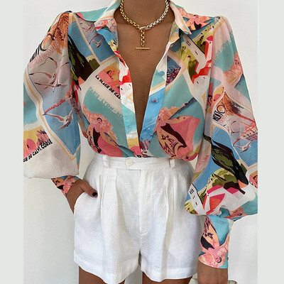 Φθινοπωρινό μπλουζάκι Γυναικεία casual φαρδιά μπλουζάκια με μονόστομο εμπριμέ Γυναικεία Vintage μακρυμάνικο πουκάμισο ζακέτα με γυριστό γιακά