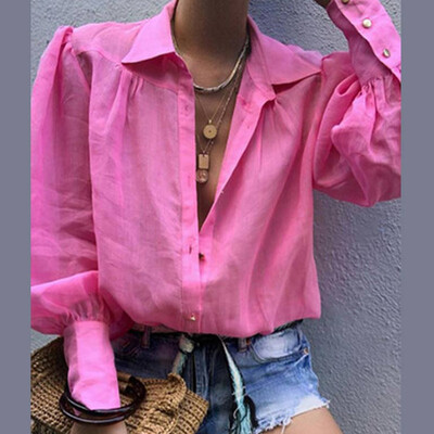 Φθινοπωρινό μπλουζάκι Γυναικεία casual φαρδιά μπλουζάκια με μονόστομο εμπριμέ Γυναικεία Vintage μακρυμάνικο πουκάμισο ζακέτα με γυριστό γιακά