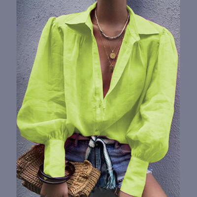 Φθινοπωρινό μπλουζάκι Γυναικεία casual φαρδιά μπλουζάκια με μονόστομο εμπριμέ Γυναικεία Vintage μακρυμάνικο πουκάμισο ζακέτα με γυριστό γιακά