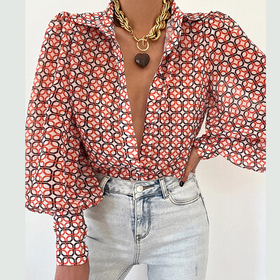 Φθινοπωρινό μπλουζάκι Γυναικεία casual φαρδιά μπλουζάκια με μονόστομο εμπριμέ Γυναικεία Vintage μακρυμάνικο πουκάμισο ζακέτα με γυριστό γιακά