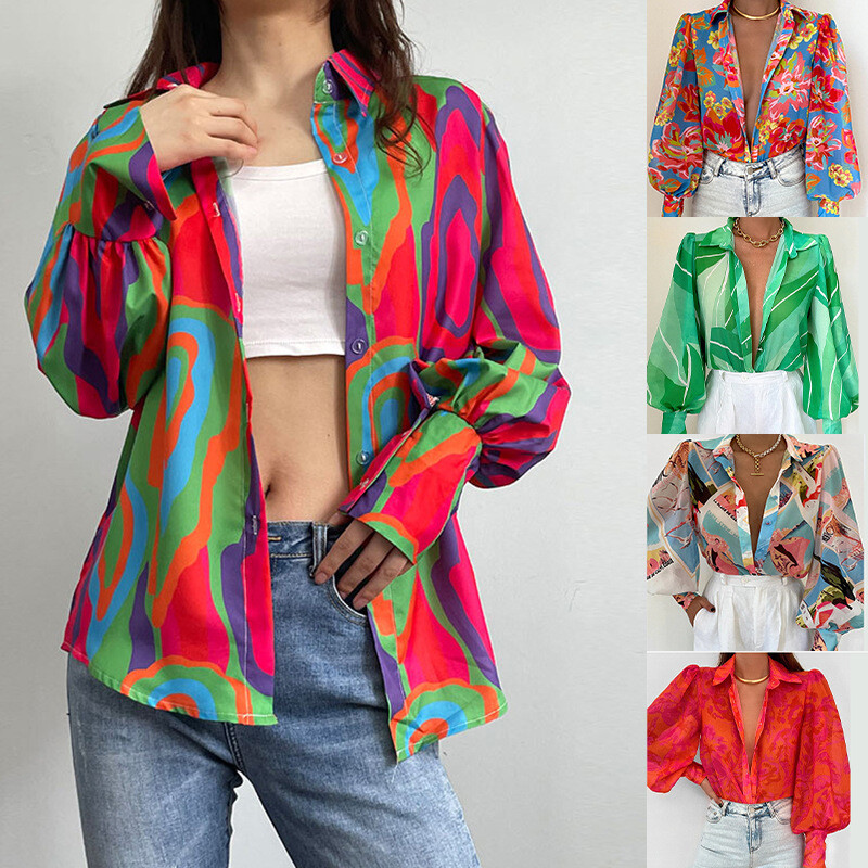 Φθινοπωρινό μπλουζάκι Γυναικεία casual φαρδιά μπλουζάκια με μονόστομο εμπριμέ Γυναικεία Vintage μακρυμάνικο πουκάμισο ζακέτα με γυριστό γιακά