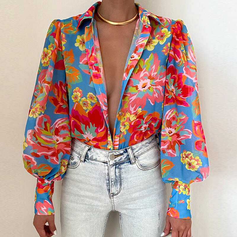 Φθινοπωρινό μπλουζάκι Γυναικεία casual φαρδιά μπλουζάκια με μονόστομο εμπριμέ Γυναικεία Vintage μακρυμάνικο πουκάμισο ζακέτα με γυριστό γιακά