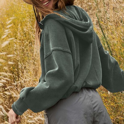 Naiste dressipluus, mis on trendikas kevadeks ja sügiseks V-kaelusega kärbitud lukuga kapuuts Half Zip Fasion ühevärvilised plusssuuruses pikad kapuutsid