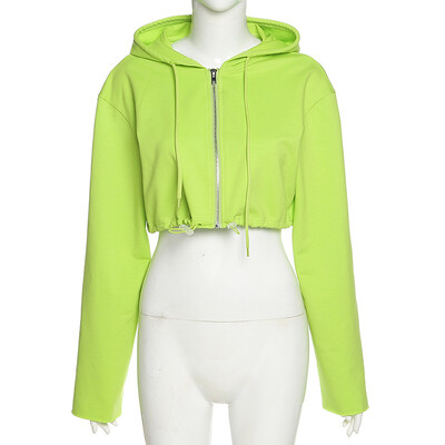 Modna zelena majica s kapuljačom, ležerna pamučna majica s patentnim zatvaračem, jednobojna majica s dugim rukavima, jednobojna, s uzicom za pupak, skraćena, s kapuljačom, jesenska ženska odjeća, novo 2024.