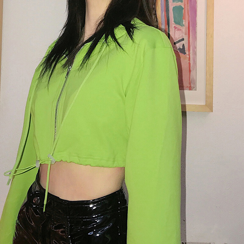 Modna zelena majica s kapuljačom, ležerna pamučna majica s patentnim zatvaračem, jednobojna majica s dugim rukavima, jednobojna, s uzicom za pupak, skraćena, s kapuljačom, jesenska ženska odjeća, novo 2024.