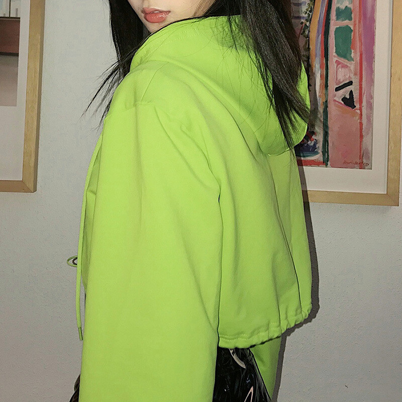 Modna zelena majica s kapuljačom, ležerna pamučna majica s patentnim zatvaračem, jednobojna majica s dugim rukavima, jednobojna, s uzicom za pupak, skraćena, s kapuljačom, jesenska ženska odjeća, novo 2024.