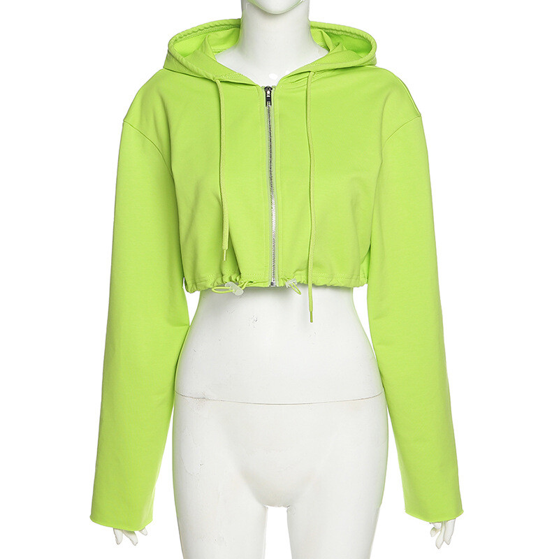 Modna zelena majica s kapuljačom, ležerna pamučna majica s patentnim zatvaračem, jednobojna majica s dugim rukavima, jednobojna, s uzicom za pupak, skraćena, s kapuljačom, jesenska ženska odjeća, novo 2024.