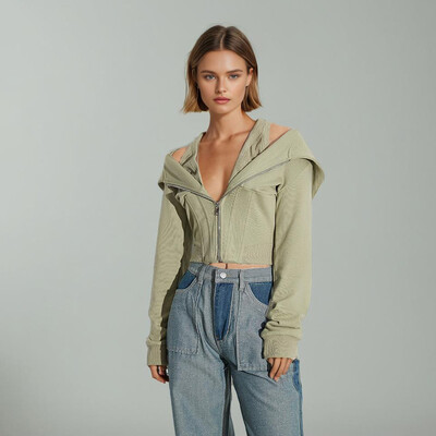 Hanorac scurt cu fermoar mozaic scobit pentru femei Hanorac cu mânecă lungă cu glugă minimalistă pentru slăbire Moda feminină Nou