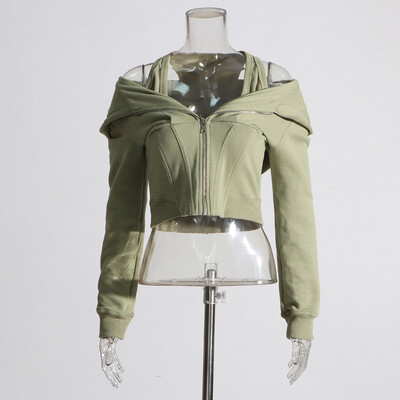 Κοντό μπλουζάκι με φερμουάρ με κουκούλα για γυναίκες με μακρυμάνικη κουκούλα Μινιμαλιστικά φούτερ αδυνατίσματος Γυναικεία μόδα Νέο