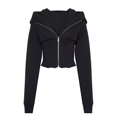 Κοντό μπλουζάκι με φερμουάρ με κουκούλα για γυναίκες με μακρυμάνικη κουκούλα Μινιμαλιστικά φούτερ αδυνατίσματος Γυναικεία μόδα Νέο