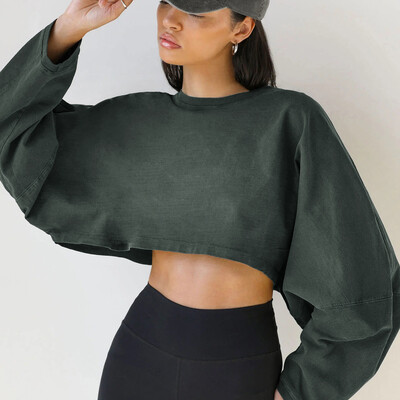 Femei Sport Crop Top Tricouri Îmbrăcăminte de gimnastică Yoga Topuri largi Îmbrăcăminte sportivă cu mânecă lungă Îmbrăcăminte de antrenament Robă de fitness Primăvara Toamnă
