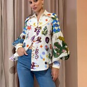 Proljeće 2024., nova modna personalizirana majica s otisnutim grafitima na reverima i lanternastim rukavima, gornja ženska košulja