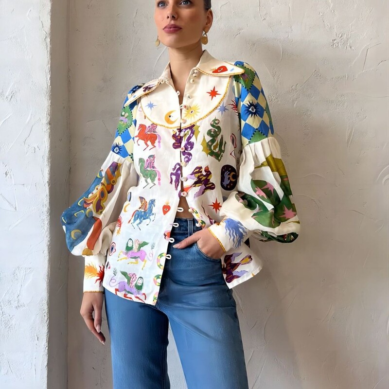 Proljeće 2024., nova modna personalizirana majica s otisnutim grafitima na reverima i lanternastim rukavima, gornja ženska košulja