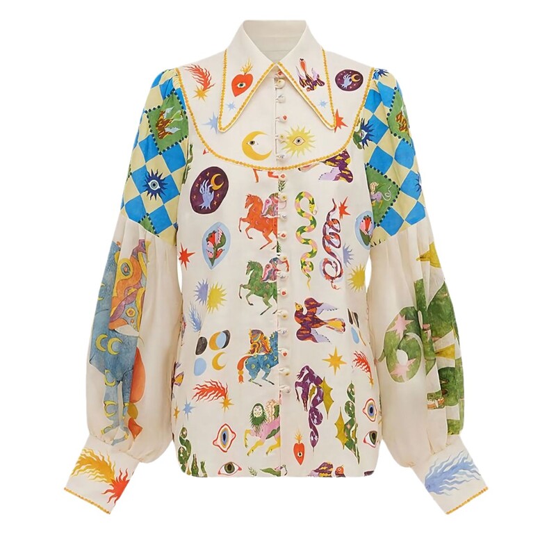 Proljeće 2024., nova modna personalizirana majica s otisnutim grafitima na reverima i lanternastim rukavima, gornja ženska košulja