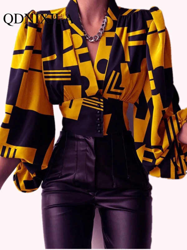 Novo u proljeće ljeto Ženska košulja Temperamentni kardigan s V-izrezom oko struka, dugih rukava, košulja s lanternastim rukavima, bluza, ženske majice