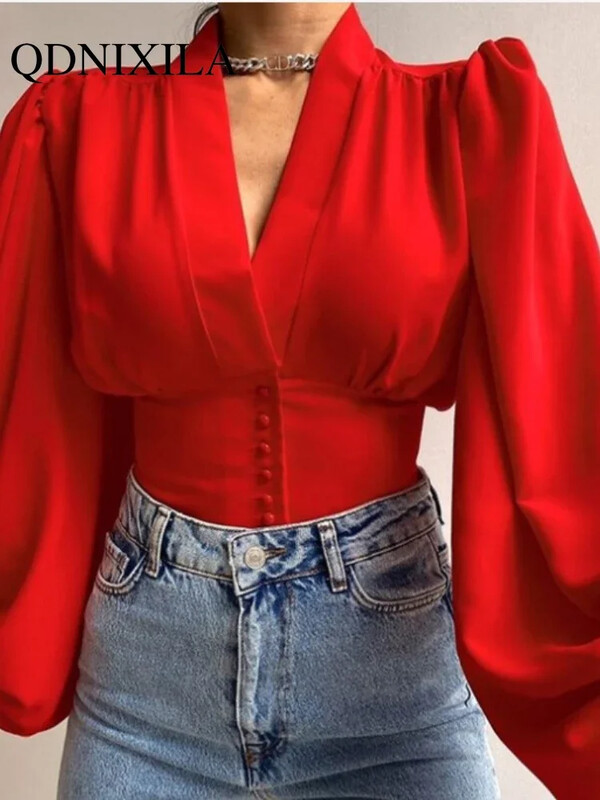 Novo u proljeće ljeto Ženska košulja Temperamentni kardigan s V-izrezom oko struka, dugih rukava, košulja s lanternastim rukavima, bluza, ženske majice