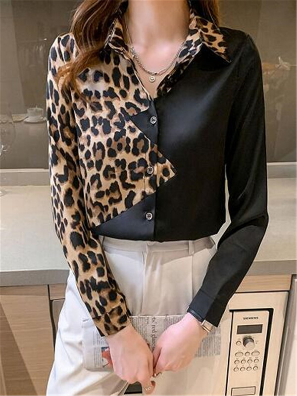 Ženske košulje sa satenskim šavovima, crne leopard kontrastne majice, šik bluze s preklopom, dugih rukava, osnovne ležerne ženske bluze