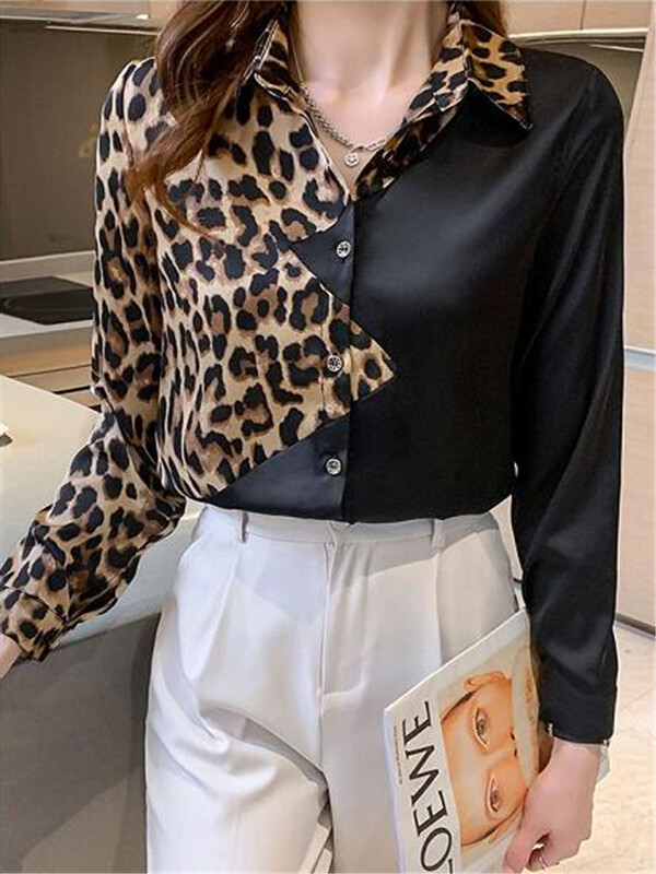 Ženske košulje sa satenskim šavovima, crne leopard kontrastne majice, šik bluze s preklopom, dugih rukava, osnovne ležerne ženske bluze