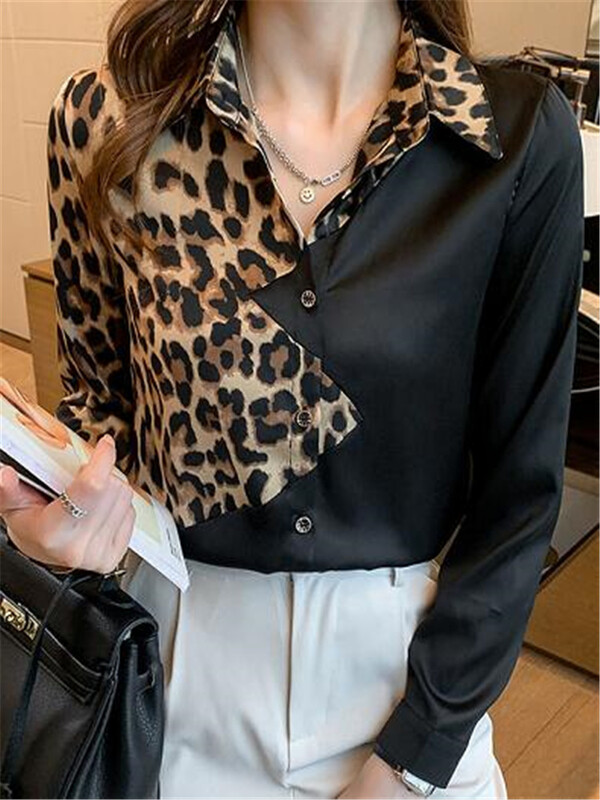 Ženske košulje sa satenskim šavovima, crne leopard kontrastne majice, šik bluze s preklopom, dugih rukava, osnovne ležerne ženske bluze