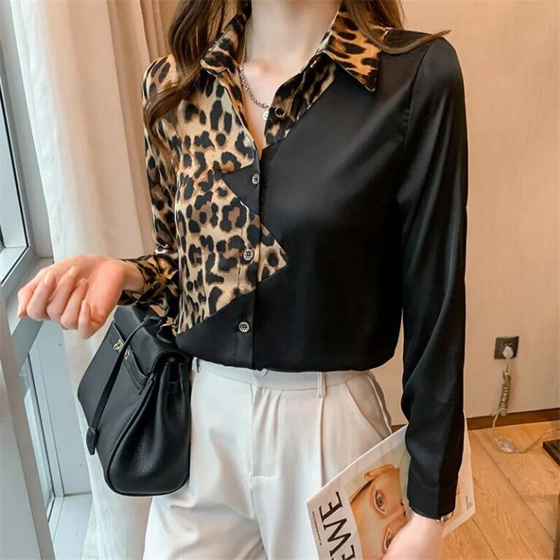 Ženske košulje sa satenskim šavovima, crne leopard kontrastne majice, šik bluze s preklopom, dugih rukava, osnovne ležerne ženske bluze