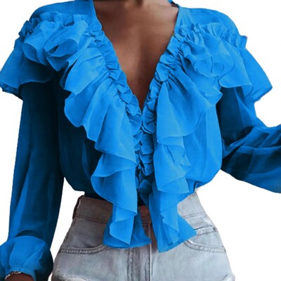 Ženska bluza, jednobojni V-izrez, dugi rukavi, široka majica od šifona, ovratnik s volanima, slatki pulover, bluza, ulična ženska odjeća