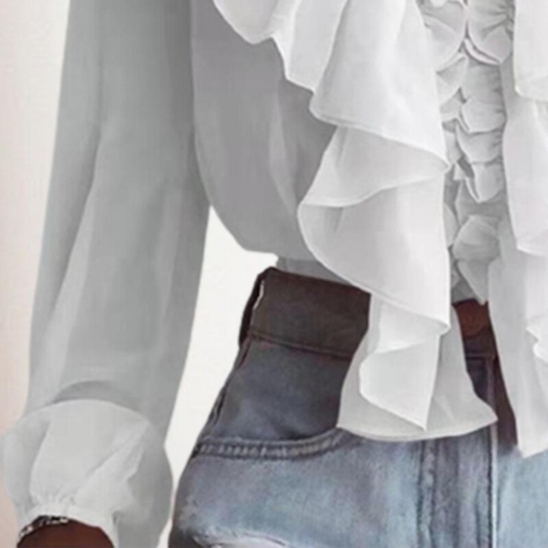 Ženska bluza, jednobojni V-izrez, dugi rukavi, široka majica od šifona, ovratnik s volanima, slatki pulover, bluza, ulična ženska odjeća