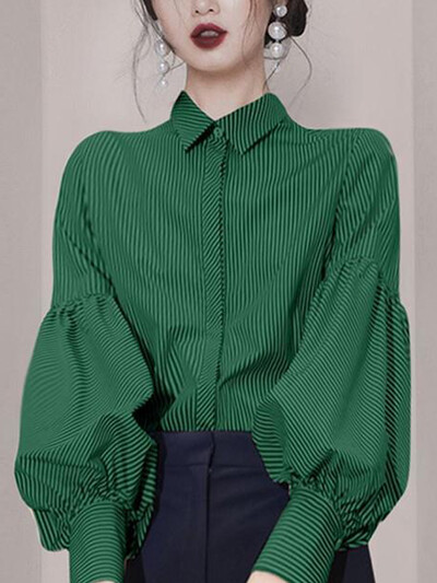 Vintage bluza Ženska jesen proljeće 2022. Elegantna modna košulja s lanternastim rukavima Ženska široka majica na pruge Zelena košulja na kopčanje