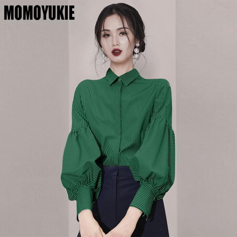 Vintage bluza Ženska jesen proljeće 2022. Elegantna modna košulja s lanternastim rukavima Ženska široka majica na pruge Zelena košulja na kopčanje