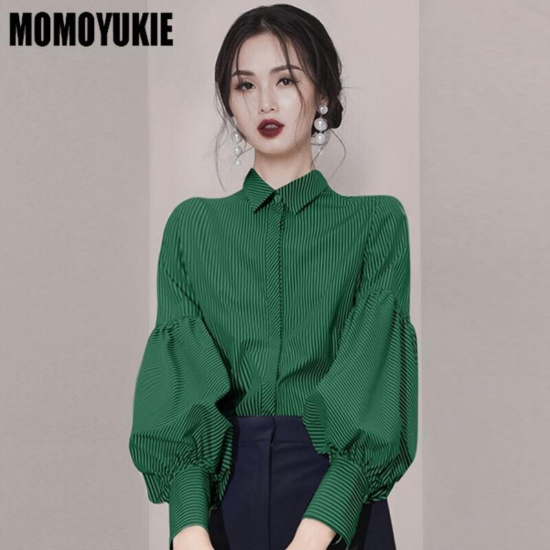 Vintage bluza Ženska jesen proljeće 2022. Elegantna modna košulja s lanternastim rukavima Ženska široka majica na pruge Zelena košulja na kopčanje