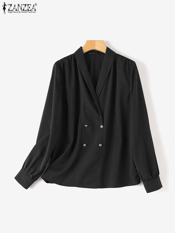 ZANZEA Seksi satenska svilena bluza Elegantna ženska jednobojna košulja s V-izrezom Jesen 2023. Majice dugih lampion rukava Modni uredski gumbi Blusa