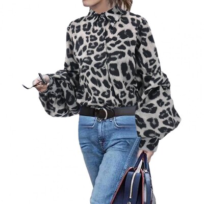 Ženska košulja dugih rukava s lanternom na rever s leopard točkicama, bluza s jednim kopčanjem, majica ležernog kroja Ulična Ženska jakna