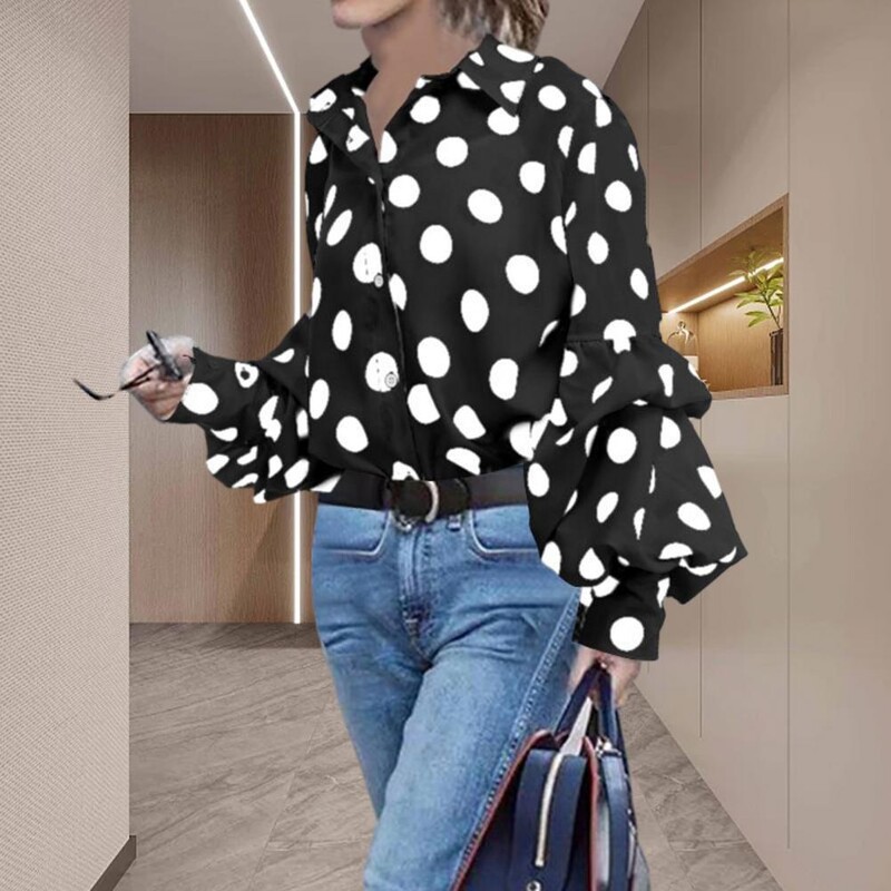 Ženska košulja dugih rukava s lanternom na rever s leopard točkicama, bluza s jednim kopčanjem, majica ležernog kroja Ulična Ženska jakna